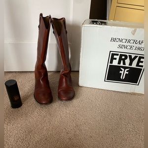 Frye Melissa Button Tall Leather Boots, color cognac. Size 10M.